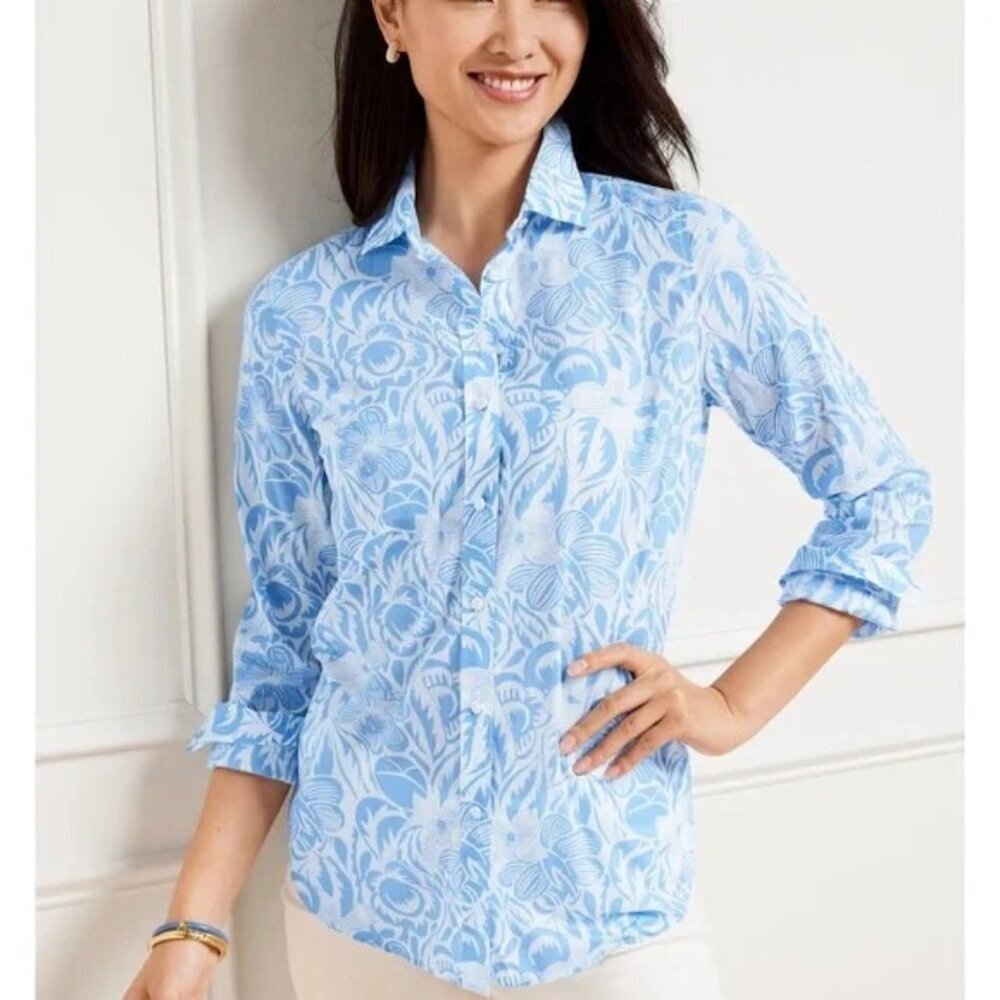Talbots Petite Womens Size P Island Woodblock Floral Button Down Shirt $89 2273